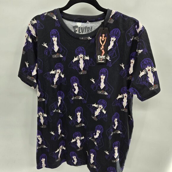 Elvira X Cakeworth AOP 100% Cotton Black Purple Short Sleeved Top XL - Picture 1 of 10
